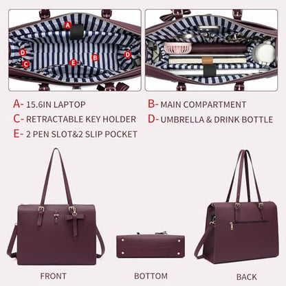 Keyli 4pc Sets Laptop Bag for Women Large Leather Laptop Briefcase with USB Charging Port Computer Shoulder tote Bags Purse - color: Wine Red