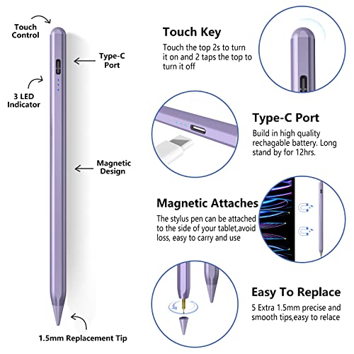 TaIYanG iPad Stylus Pen for iPad 2018-2026, Palm Rejection, Fast Charging | Tilt Sensitivity, for iPad Pencil A16 /10/9/8/7/6, Pro 11/13" (M5/M4),Air M4/M3/M2/5th/4th, Pro 11/12.9", Mini 6/5, Purple - color: Purple
