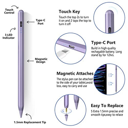 TaIYanG iPad Stylus Pen for iPad 2018-2026, Palm Rejection, Fast Charging | Tilt Sensitivity, for iPad Pencil A16 /10/9/8/7/6, Pro 11/13" (M5/M4),Air M4/M3/M2/5th/4th, Pro 11/12.9", Mini 6/5, Purple - color: Purple