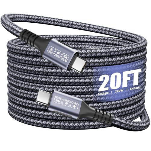 USB C to USB C Cable 20ft, 240W PD Fast Charging, 20Gbps Data Transfer, 4K@60Hz Video Cable, Durable Braided Nylon Type C Charger Cord Compatible with iPhone 17/16/15, MacBook, iPad, Portable Monitor