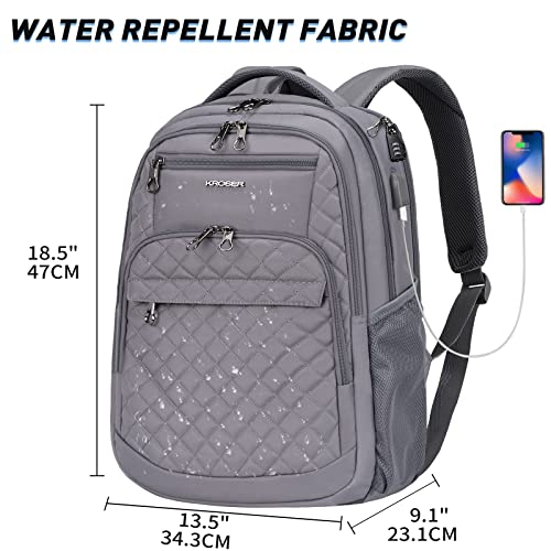 KROSER Travel Laptop Backpack 17 Inch Large Computer Backpack Dark grey | Water-Repellent Daypack, USB Charging Port, RFID Pockets, for Work/Business/College/Men/Women, Quilted - color: Quilted Dark Grey