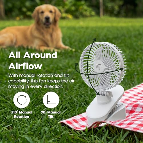 IRIS USA 5" Battery Operated Clip On Fan, D-Battery Powered, Outdoor, White | Compact Foldable Personal Fan, Portable Travel Mini Desk Fan, Pet Stroller Car Fan, Office Bedside Picnic Camping Outdoor - color: White - Battery, style: Clip On