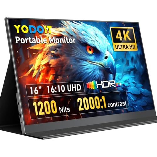 Yodoit 4K Portable Monitor, 16" 3840×2400 UHD IPS Travel Screen 1200nit Sunlight-Readable with 145% sRGB, 2000:1 Contrast for Photo Editing Outdoor Work Compatible with Laptop PC Mac PS5 Black - size: 16 inch 4K 1200 nit