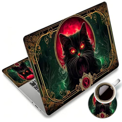 Laptop Skin Sticker Decal 12"-15.6" Universal Laptop/Notebook/Netbook Vinyl - Waterproof Scratch Resistant,Fits HP Dell Lenovo MacBook,2 Free Wrist Pads,Easy Apply & Remove,Black Cat Green - color: Black Cat Green