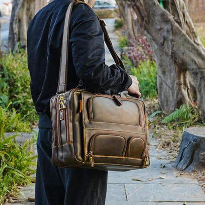 Polare Full Grain Cowhide Leather 17'' Laptop Large Briefcase for Men Business Messenger Bag Work Bag - color: Dark Brown