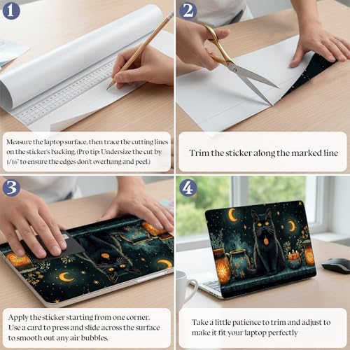 Universal Laptop Skin Sticker Decal,15.6 Inch Laptop Vinyl Cover for 13" 14" 15.6" Laptop,Scratch-Resistant Waterproof Protector Wrap,Reusable with Wrist Pads,Witchy Black Cat Crescent Moon - color: Witchy Black Cat Crescent Moon