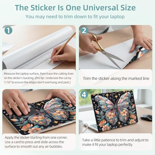 Universal Laptop Skin Decal, 3-Piece Vinyl Protector for 12 13 14 15.6" Notebook, Waterproof Anti-Scratch, Easy Trim & Bubble-Free Finish, Butterfly and Flowers - color: Butterfly and Flowers