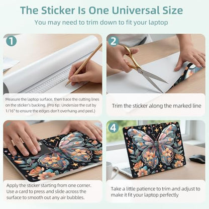 Universal Laptop Skin Decal, 3-Piece Vinyl Protector for 12 13 14 15.6" Notebook, Waterproof Anti-Scratch, Easy Trim & Bubble-Free Finish, Butterfly and Flowers - color: Butterfly and Flowers