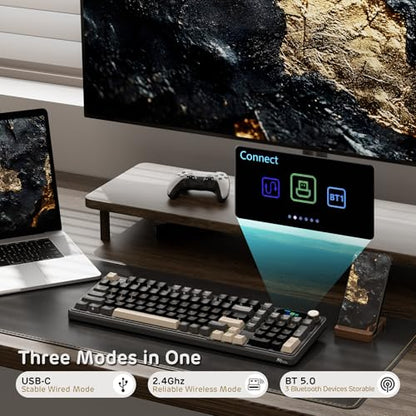 RK ROYAL KLUDGE S98 Mechanical Keyboard w/Smart Display & Knob, Top Mount 96% RGB Wireless Gaming Keyboard BT/2.4G/USB-C, Hot Swappable, Software Support, Creamy Sound, 98 Keys - color: Eclipse Black, size: Linear Cream Switch