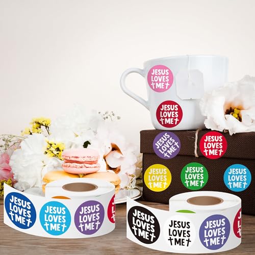 CNhoqc Jesus Round Sticker Rolls - 1000Pcs Jesus Loves Me Round Bible Verse Stickers Water Bottle Laptop Self-Adhesive Waterproof Vinyl Basket Stuffers Christian Birthday Party Supplies Card Making - style: Jesus Loves Me（Round）