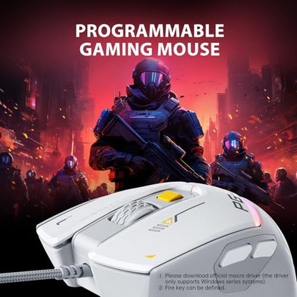 INPHIC PG1 Wired Computer Gaming Mouse Ergonomic, 12800 DPI High-Precision, 6 Programmable Buttons, RGB Backlit for Gaming - White Gray - color: White
