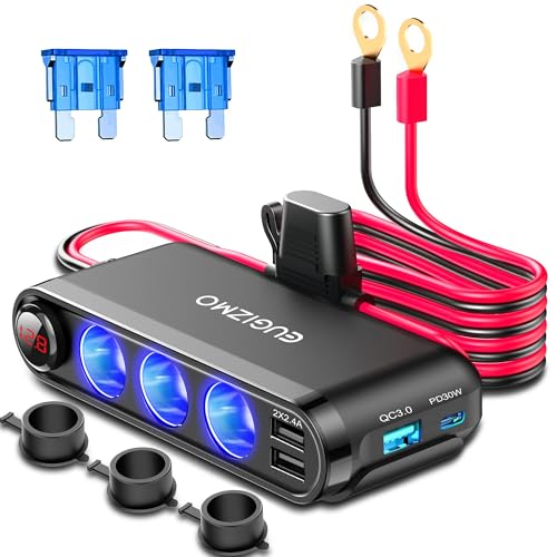 EUGIZMO Cigarette Lighter Splitter, 200W 3 Socket Car Plug Power Outlet | 7 in 1 12V/24V Car Adapter 3m/10ft length cable with Eyelet Terminal LED Voltage Display for RVs Boats Motorcycles Accessory