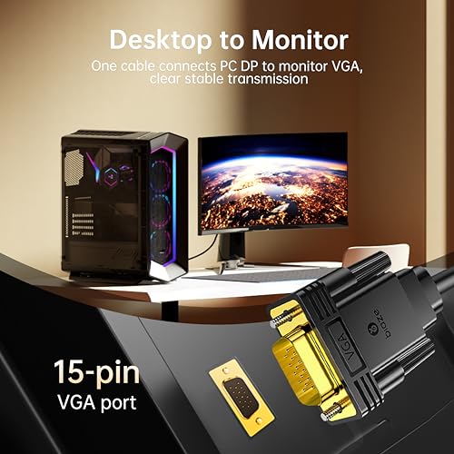 DisplayPort to VGA Cable 6ft, 1.8m DP to VGA Male-to-Male Adapter, 1080P HD Video Converter Cord for Laptop, PC to Monitor, Projector, Display