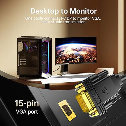 DisplayPort to VGA Cable 6ft, 1.8m DP to VGA Male-to-Male Adapter, 1080P HD Video Converter Cord for Laptop, PC to Monitor, Projector, Display