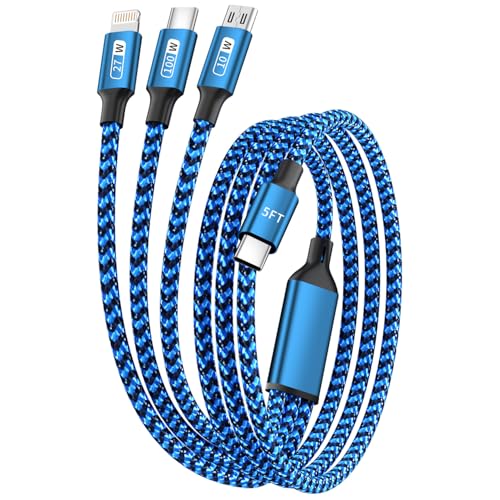 100W USB C Multi Charging Cable[5FT],3 in 1 Charging Cable Fast with E-Mark Chip,Universal Charging Cables for Multiple Devices with USB C[100W]+Lightning[27W]+Micro[15W] for Laptop/Tablet/Phone/More - color: Blue&Black, size: 4FT 1Pack