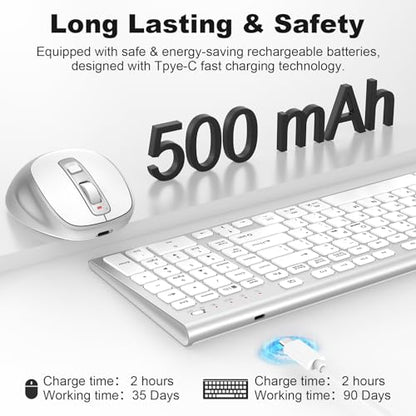 Rechargeable Wireless Keyboard and Mouse, with Number Pad Silver | Quiet Silent, Slim Thin Flat Low Profile Soft Key, USB C, with Skin Cover, Ergonomic Mouse, for Mac Windows PC, Home Office - color: Silver
