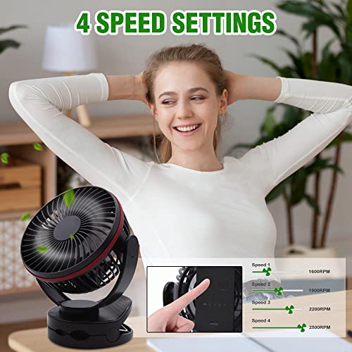5.5Inch Rechargeable RV Cooling Fan Light with 4 Speeds, 5000mAh Battery Desk Fan, Rotatable Clip On Desk/Wall-Mount Fan, for Home Office RV&Travel - color: Red and Black
