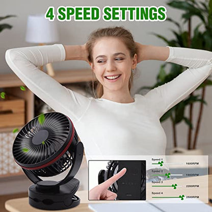 5.5Inch Rechargeable RV Cooling Fan Light with 4 Speeds, 5000mAh Battery Desk Fan, Rotatable Clip On Desk/Wall-Mount Fan, for Home Office RV&Travel - color: Red and Black