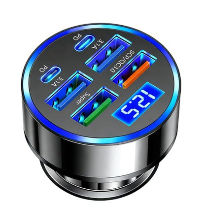 USB C Car Charger Adapter with Voltmeter Compatible with iPhone 16 15 14 13 12 11, Android, Samsung, Super+ QC3.0 6 in 1 Multi-Port Super Fast Charging Cigarette Lighter USB Charger