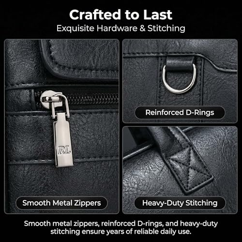 Men's Leather Laptop Bag 15 IN, Water-Resistant Briefcase Messenger Bag for Work, Business, Shoulder Crossbody Office Satchel - color: Deep Black