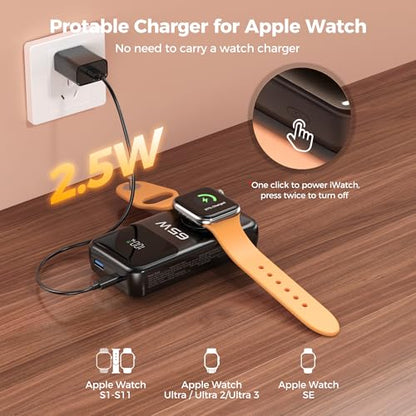 PANDUK 65W Power Bank, 20000mAh Laptop Portable Charger for Apple Watch | 5 in 1 | USB C Fast Charging |Built-in 2 Cables |LED Display |Travel Essentials Battery Pack |for iPhone/MacBook/iPad/iWatch