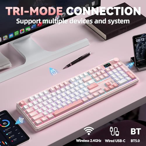 LINGBAO K108 Pro Wireless Mechanical Pink Creamy Keyboard with Number Pad | Full Size Mechanical Keyboard with 10000mAh Battery, PBT Keycaps, Gasket Mount, RGB Backlit Hot-swap Custom Keyboard for PC - color: White & Pink