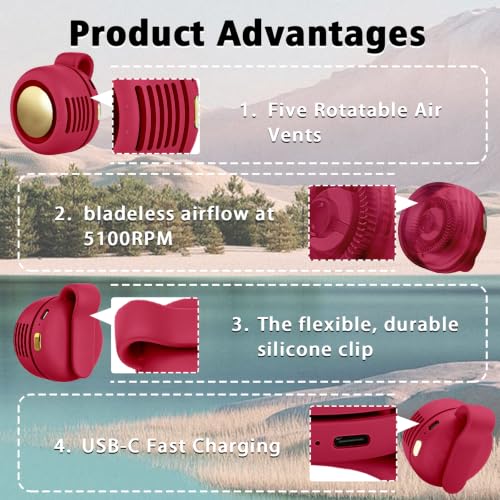 Portable Clip-On Fan, Mini USB Rechargeable 360° Rotatable Fan, Personal Fan 3-Speed Silent Mini Bladeless Fans (1 pack（Red）) - color: 1 pack（Red）