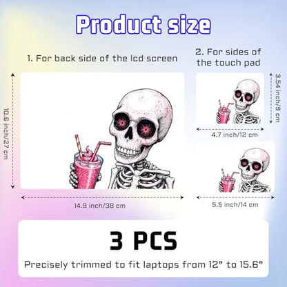 Universal Laptop Skin Sticker Decal, Compatible with MacBook HP Dell Lenovo 12"-15.6", Reusable Vinyl Notebook Cover 3PCS Set, High-Recognition Film-Skeleton Drinking Pink Smoothie - color: Skeleton Drinking Pink Smoothie