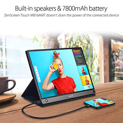 ASUS ZenScreen Touch Screen 15.6” 1080P Portable USB (MB16AMT) - Full HD (1920 x 1080), IPS, Anti-Glare, Built-in Battery, Speakers, Eye Care, USB Type-C, Micro HDMI, Smart Case, 3-Year Warranty - style: 16" IPS USB-C Battery Touch Screen Speakers