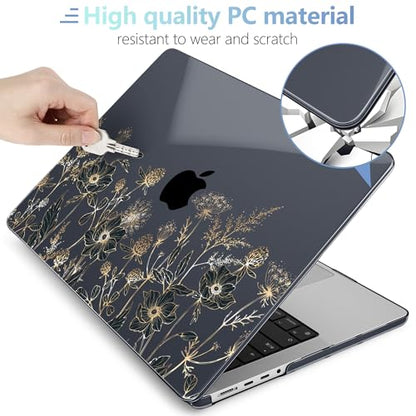 MEEgoodo Compatible with MacBook Pro 14 inch Case (M5/M4/M3/M2/M1) Pro/Max 2026 2025 2024 2023 2021, Case Fit Model A3427/A3426/A3434/A3112/A3401/A3185/A2918/A2992/A2779/A2442, Golden Flowers & Herbs - color: Golden Flowers & Herbs