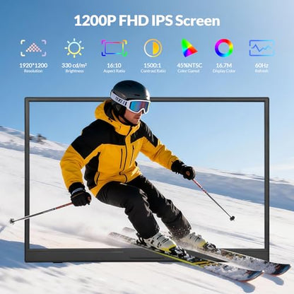 Rii Portable Monitor, 16 inch FHD 1200P, 16:10 Horizontal/Vertical Monitor, Laptop Screen Extender Built-in Speakers, Portable Monitor for Laptop MacBook Surface PC PS4/5, VESA Mountable, Plug & Play