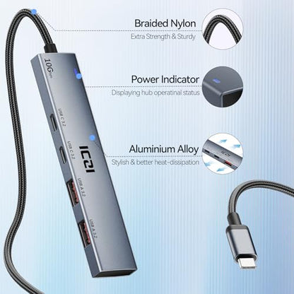 ICZI USB C Hub, 10Gbps 4 in 1 USB 3.2 Adapter with 2 USB-C & A 3.2 4FT Cable, 4 Ports Splitter Extender for MacBook Pro/Air, iPad Pro, iPhone 15/15 Pro Max, Surface, PC, Laptops - size: usbc 3.2 aluminum