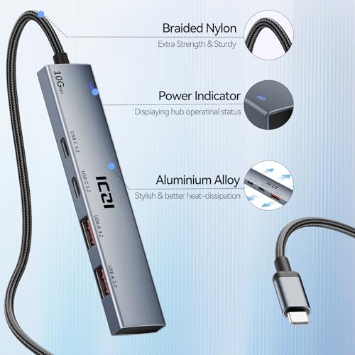 ICZI USB C Hub, 10Gbps 4 in 1 USB 3.2 Adapter with 2 USB-C & A 3.2 4FT Cable, 4 Ports Splitter Extender for MacBook Pro/Air, iPad Pro, iPhone 15/15 Pro Max, Surface, PC, Laptops - size: usbc 3.2 aluminum