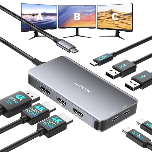 UANTIN USB C Docking Station Dual Monitor, Laptop Docking Station 3 Monitor | 8 in 1 USBC Hub Triple Display USB C Adapter to 4K@60Hz Dual HDMI, DP, 2 USBA & USBC, 100W PD, for Dell,HP