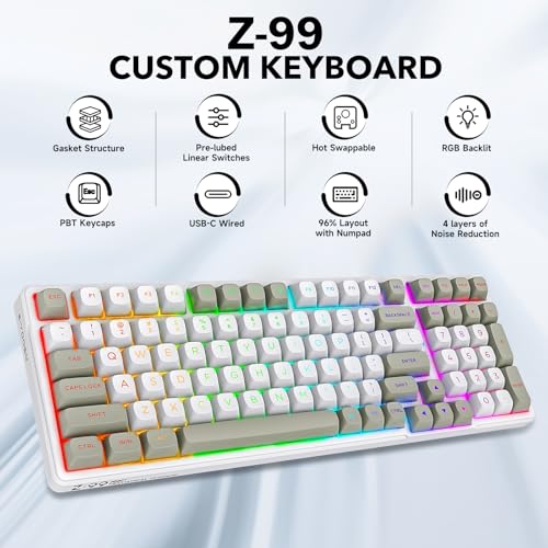 HUO JI Z-99 Wired Mechanical Keyboard, Creamy Sound, Hot Swappable Pre-lubed Linear Switches, Gasket Structure with Sound Dampening Foam, RGB Backlit, 99 Keys Custom Gaming Keyboard for PC/Mac,Gray - color: White Gray