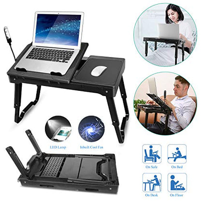 Foldable Laptop Table with Cooling Fan, LED Light, 4 x USB Ports, Mouse Pad & Storage Groove for Laptop Use in Home Office - color: Black