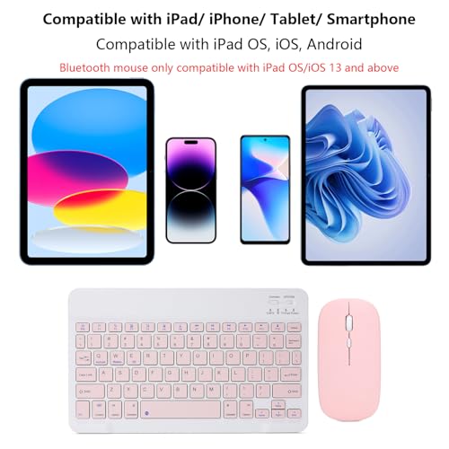 Rechargeable Bluetooth Keyboard and Mouse Combo for iPad, Ultra-Slim Portable Wireless Mouse Keyboard for iPad Pro Air Mini iPhone Samsung Tablet Cell Phone Android, iPadOS/iOS 13 and Above (Pink) - color: Pink