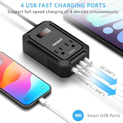 200W Car Power Inverter DC 12V to 110V AC Inverter with PD 65W/30W USB C & 2 QC 18W USB Ports & 2 AC Outlets,Car Pluɡ Adapter Outlet for Laptop/Phone/Road Trip - color: Black