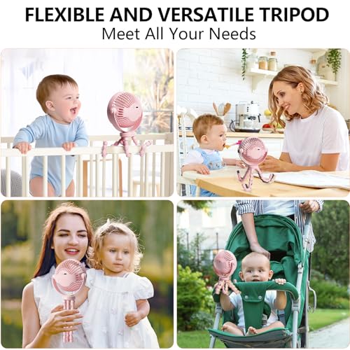 snawowo Mini Portable Stroller Fan, 3000mAh Battery Operated Personal Small | Handheld Fan with Flexible Tripod, 360° Rotate 3 Speed Rechargeable Clip On for Car Seat Crib Treadmill Travel Camping - color: C-Pink