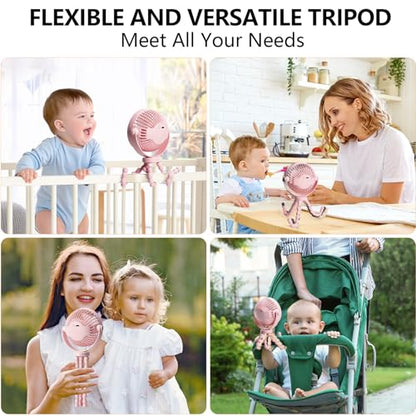 snawowo Mini Portable Stroller Fan, 3000mAh Battery Operated Personal Small | Handheld Fan with Flexible Tripod, 360° Rotate 3 Speed Rechargeable Clip On for Car Seat Crib Treadmill Travel Camping - color: C-Pink