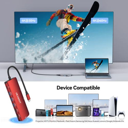 USB C Hub, 9-in-1 Multi-Port USB Adapter, 4K@60Hz HDMI, 100W Max PD, 3 USB3.0(5Gbps) + 2 USB2.0 Data Ports, SD/TF Card Reader for MacBook, iPad Pro, Dell, HP, Lenovo, Windows Laptop, Red - color: Red