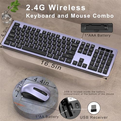MPTOG Wireless Keyboard and Mouse Combo, Full-Size 104-Key Office Keyboard with 15 Function Keys, Numeric Keypad, Single USB Receiver, Compatible with PC and Laptop(Purple) - color: Purple
