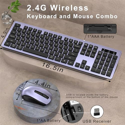MPTOG Wireless Keyboard and Mouse Combo, Full-Size 104-Key Office Keyboard with 15 Function Keys, Numeric Keypad, Single USB Receiver, Compatible with PC and Laptop(Purple) - color: Purple