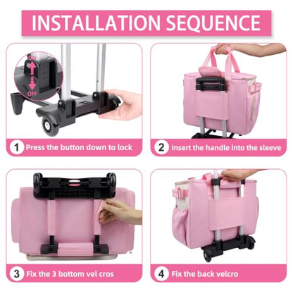 Rolling Teacher Bag, Fits 15.6" Laptop, With Cart,off-white pink | 4 Ways To Carry, 40L Large Cap, 1680 Oxford Puncture Resistant, Reinforced Design, Not Easy Collapse