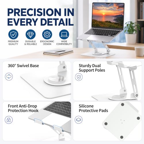SOUNDANCE 360 Rotating Laptop Stand, Ergonomic Computer Riser for Desk, Adjustable Height Multi-Angle Metal Holder, Foldable Portable Notebook Elevating Base for Office & Home, White - color: White