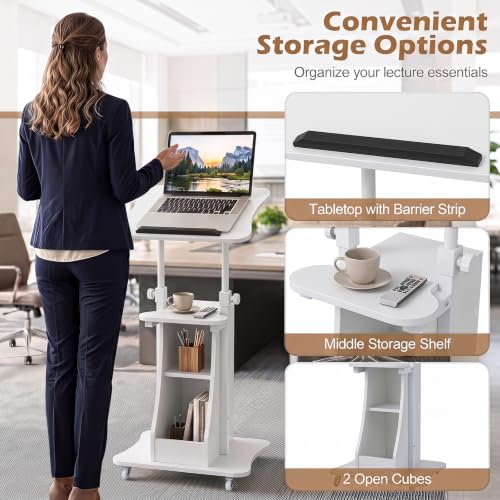 Tangkula Mobile Lectern Podium Set of 2, Height Adjustable Podium Stand, Standing Sit-to-Stand Desk, Rolling Cart Laptop Desk with Swivel Top Movable Wheels & Storage - color: White, size: 20" x 16" x 44"