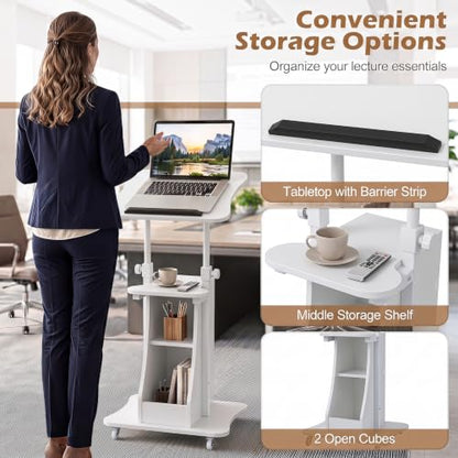 Tangkula Mobile Lectern Podium Set of 2, Height Adjustable Podium Stand, Standing Sit-to-Stand Desk, Rolling Cart Laptop Desk with Swivel Top Movable Wheels & Storage - color: White, size: 20" x 16" x 44"