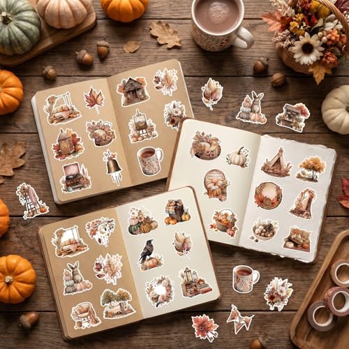 50 Pcs Fall Autumn Aesthetic Stickers Pumpkin Scrapbook Stickers | Fall Pumpkin Leaf Desgin, Waterproof, Vinyl Decals for Water Bottle Luggage Laptop Journal - style: Fall