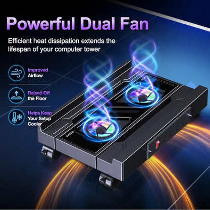 Computer Tower Stand with Charging Station, Cooler Fan and Light, Adjustable PC Stand for Floor, Mobile CPU Stand with 4 Caster Wheels, Under Desk CPU Holder Fits Most PC Tower - style: Socket + Fan