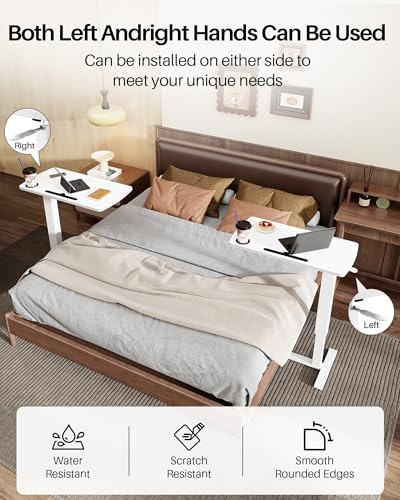 Foldable Overbed Table with Wheels, Pneumatic Adjustable Overbed Bedside Table, Mobile Standing Desk, Hospital Bed Tables Over The Bed, Rolling Laptop Desk with Casters for Home Office - color: White